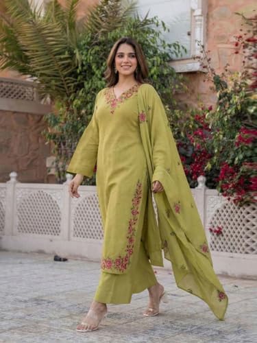 Image of ANNI Designer Kurta Sets for Women Viscose Blend Embroidered | Kurta Palazzo Dupatta Set | Designer Kurti Set for Women | V Neck Full Sleeve Ethnic Suit | Indian Kurta Outfit with Palazzo Pants