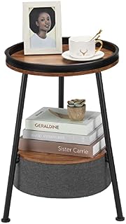 DREAMSOULE Industrial Round Side Table with Storage, Small 2 Tier End Table with Basket and Storage Tray for Indoor Outdoor Patio, Round Nightstand Bedside Table for Sundries, Books (Brown)