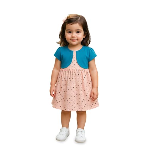 Image of Kidbea Baby Girls' Floral A-Line Frock with Shrug | Cotton Casual Wear, Printed Dress for Infant Kids (Peach, 6-12 Months)