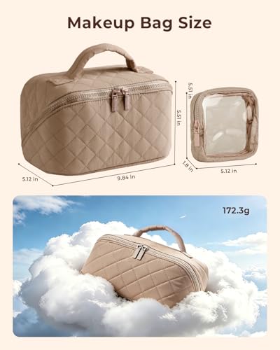 Image of Batfield Makeup Pouch Bag for Women, 2Pcs Waterproof Puffer Set with 180 Flat Open, Travel Large Capacity Makeup Bag for Women with Brush Compartment & Handle for Vacation, Business Trip (Khaki)