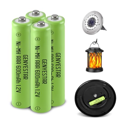 GENYESTAR Ni-MH Rechargeable AAA Batteries, Triple A 600mAh 1.2V Pre-Charged Solar Light Battery for Solar Outdoor Garden Landscaping Lights Lantern Household Devices, 4 Pack,