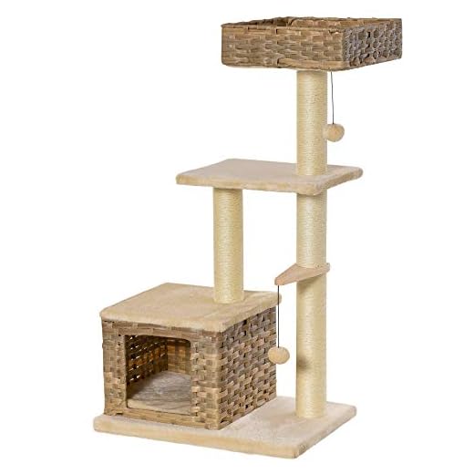 Pawhut Rascador Árbol para Gatos 60x40x109 cm con Plataformas Cueva Cama Bolas de Juego y Postes de Rascar de Sisal Natural Beige y Marrón