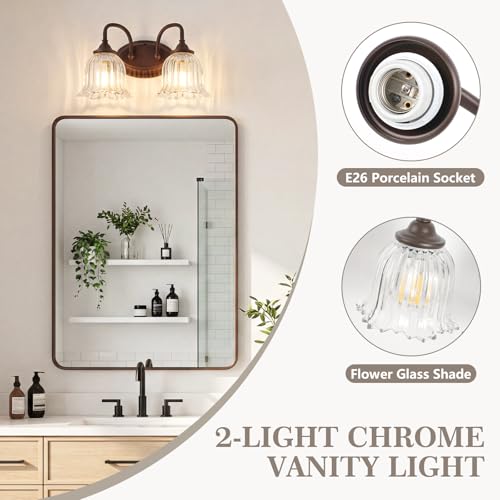 Image of Oil Rubbed Bronze 2-Light Bathroom Light Fixtures with Floral Glass Shade
