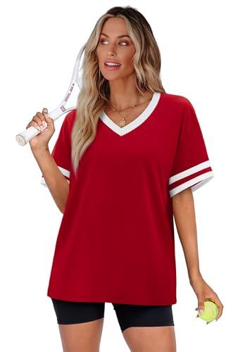 Image of WIHOLL Womens T Shirts Loose Fit Short Sleeve Tees V Neck Color Block Summer Tops 2026 Fashion S-4XL