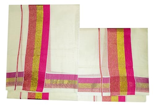 YETTALAN® Women's Kerala Traditional Cotton Set Mundu Cream Color with Fancy Border