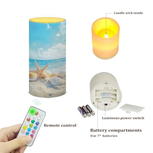 Image of Poceacles Beach Starfish Seashell Blue Sky LED Flameless Candles Battery Operated Candles with Remote Control Timer Flickering Wick Pillar Candles for Coastal Home Bathroom Outdoor Decor