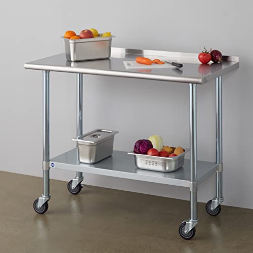 Image of Stainless Steel Table for Prep & Work with Caster & Backsplash 24x48 Inches, NSF Metal Commercial Kitchen Heavy Duty Table with Adjustable Under Shelf and Table Foot for Restaurant, Home and Hotel
