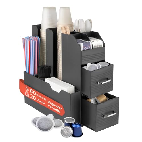 Avilia Portacapsule 9 Scomparti e 2 Cassetti - Fino a 60 Capsule e 20 Cialde - Porta cialde caffe - Salvaspazio, Multiuso, Pratico - 13,9x31x28,7cm - Ideale per Cucina, Ufficio o Soggiorno (Nero)