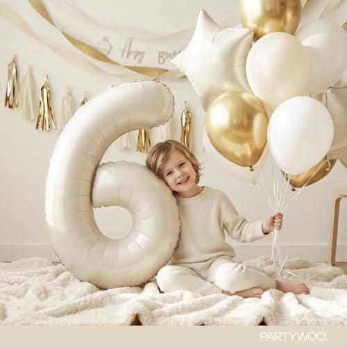 Image of PartyWoo Beige Number 6 Balloon 40 Inch 25pcs White Sand Foil Star Gold