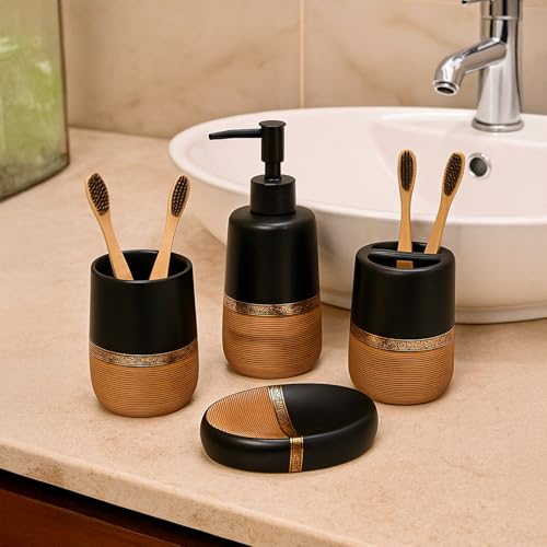 Image of Market99 Ceramic Bathroom Set of 4 in Matte Golden & Black with Elegant Wooden Elegance Design, Includes Soap Dispenser, Tumbler, Toothbrush Holder, and Soap Dish, Soap Dispenser 400 ML Capacity