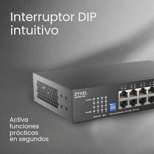 Switch de red 16 puertos silencioso Zyxel GS1100-16S con velocidad Gigabit Ethernet y soportes 3
