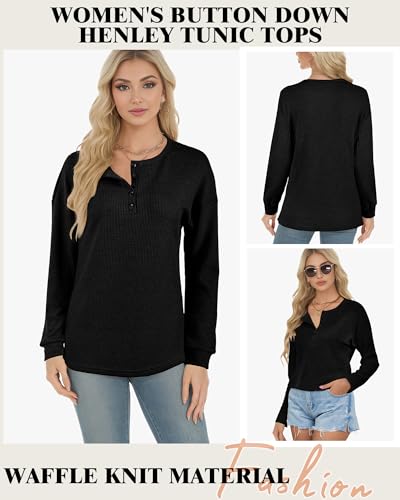 Image of AURUZA Long Sleeve Shirts for Women Henley Shirts Waffle Knit Tops Casual Loose V Neck Tunic Tops Fall Outfits Waffle TShirt