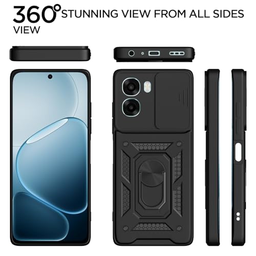 Image of Pikkme Back Cover for Oppo A6X 5G | 360 Protection Case | Sliding Camera Shield Cover & Ring Holder Stand D10 Tough Armor Bumper Case (Black)