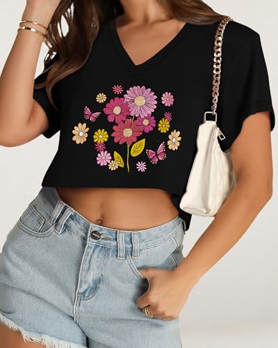 Image of Womens Crop Tops Short Sleeve V Neck Summer Cropped T Shirts Baisc Tees