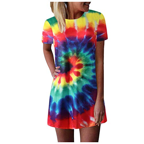 Franterd Women's Short Sleeve O Neck Tie Dye Tunic Tops Casual Swing Tee Shirt Mini Dress Hot Pink #TOP23