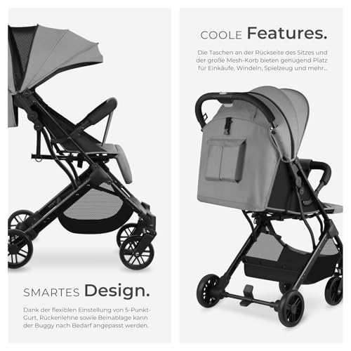 tectake® Buggy Kinderwagen von 0 bis 3 Jahre, Wagen für Baby Erstausstattung Neugeborene und Kinderbuggy mit Sonnenverdeck, einhändig faltbarer Reisebuggy, Reisekinderwagen, Baby Wagen - grau