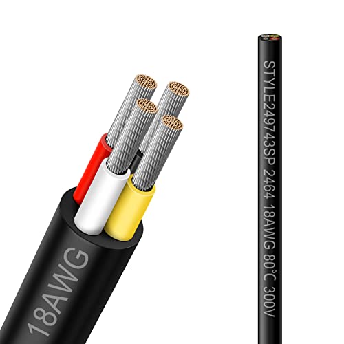 18 Gauge 4 Conductor Electrical Wire 33FT 18AWG Black PVC Stranded Tinned Copper 4 Wire Cable 18/4 Cord Extension Cable for LED Lamp Lighting Automotive Speaker Audio Power etc.
