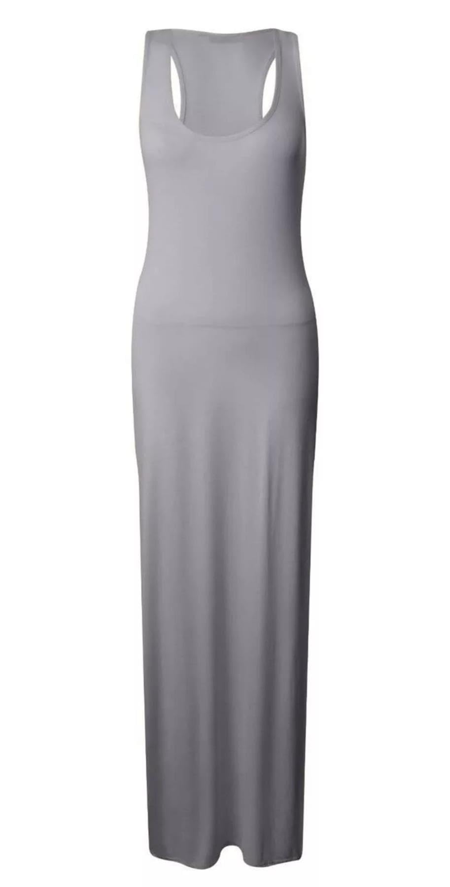 Real Life Fashion Ltd Women's Light Grey. Racer Back Maxi#(Light Grey Plain Sleeveless Scoop Neck Racer Back Maxi Dress#Uk 8-10#)