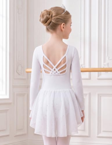 Image of Arshiner Girls Long Sleeve Ballet Leotards Shiny Criss-Cross Back Dress