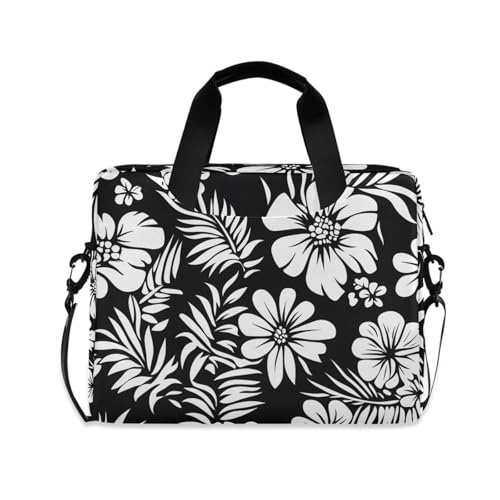 Maletín para portátil con diseño floral blanco y negro, 13-15.6 pulgadas