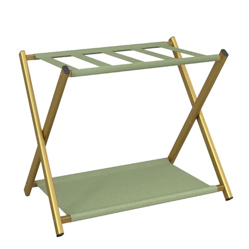 IBUYKE Luggage Rack for All Suitcase Sizes Foldable Suitcase Stand with Fabric Storage Shelf Easy to Assemble for Bedroom Living Room Hotel Gold TLR002G
