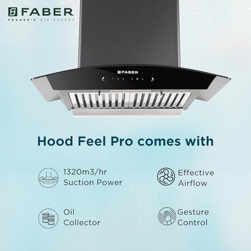 Image of Faber 60 cm 1320 m /hr Curved Glass Kitchen Chimney | 3 Layer Baffle Filter | Gravity Suction| Touch&Gesture Control | Oil Collector | 12 years warranty on Motor| Hood Feel Pro TC SC BF BK 60 | Black