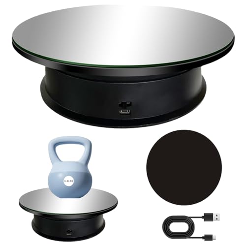 Motorized Rotating Display Stand 8 in/Load 6.6 lbs Electric Turntable 360 Degree Adjustable speed Revolving Base for Photography Jewelry 3D Models Battery/USB Power Supply (Black Mirror Cover)