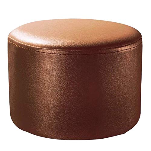 Puf redondo tapizado de cuero otomano de madera maciza para sala de estar, mesa de centro, banco pequeño, color marrón, 29 x 29 x 30 cm