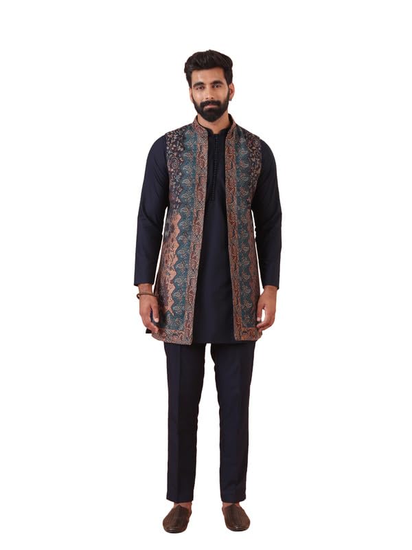 Image of KISAH Mens Kurta Jacket Trouser Set|Pashmina Fabric Jacquard Pattern Mens Ethnic Wear|Regular Fit, Navy Blue