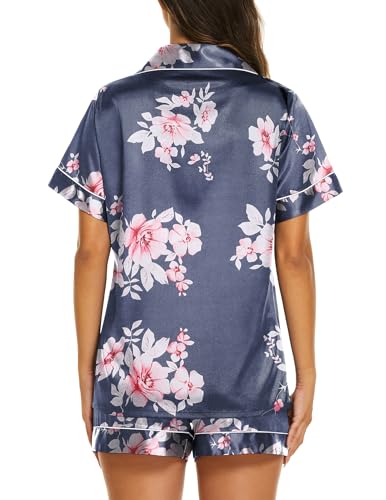 Image of Ekouaer Silk Pajamas for Women Short Sleeve Sleepwear Soft Button Down Loungewear 2 Piece Satin Pjs Shorts Set,Floral Navy Pink,XL
