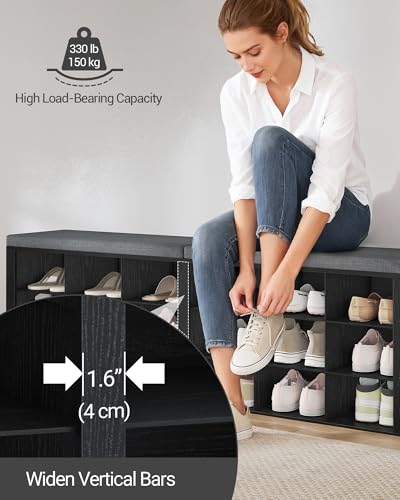 Hzuaneri Shoe Storage Bench with Cushion, Entryway Storage Bench with 18 Cubbies, 9.5\" Widened Organizer Cabinet, Long Cubby Rack for Living Room, Bedroom, Entryway, Black SB25704GY