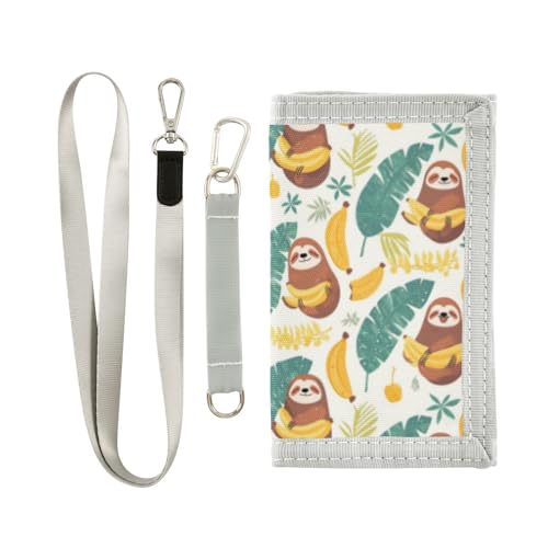 Wusikd Cute Sloth Bananas Kids Wallet for Boys Girls Tropical Leaves Toddler Trifold Wallet Novelty Wallet for Teens Women Men