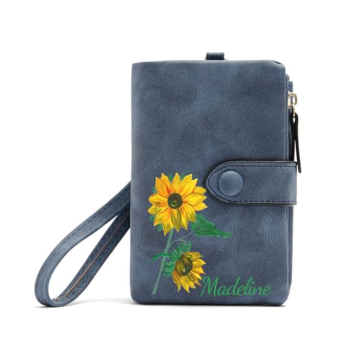Personalized Wallet Custom Birth Flower & Name, Small Leather Wallet Coin Purse Card Holder for Women Mom Teen Girls Valentines Day Gifts for Her, Customized Wristlet Wallets Bridesmaid Gifts