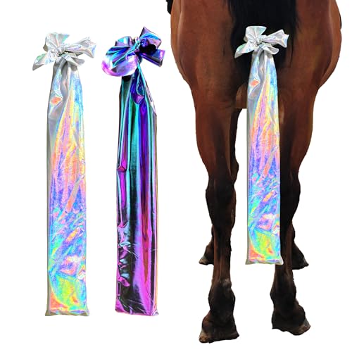 horzmetnex Stretchy Horse Tail Bag,Pack of 2,Brilliant Rainbow Design with Stretchy Fabric for Horse Tail, Tail Bag for Horses(Fantasy Purple and Silver)