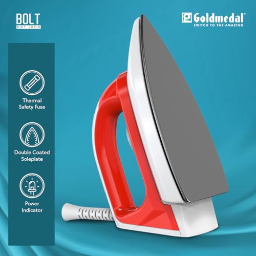 Image of Goldmedal Bolt 1000W Dry Iron | Non-stick Weilburger Premium Double Coated Soleplate | 5 Fabric Setting |1.8 Meter Cord | Thermal Fuse For Additional Safety| 2.5 Years Warranty | Light Weight (Red)