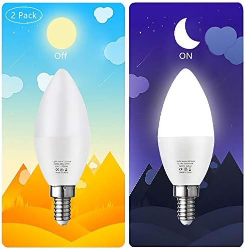 Bogao E12 Candelabra LED Bulb, Dusk to Dawn Light Sensor Light Bulbs, 6W(60W Equivalent), White 6000K, Candelabra Base, Porch Driveway Security Light LED Candle Bulb, Not Dimmable, 2 Pack