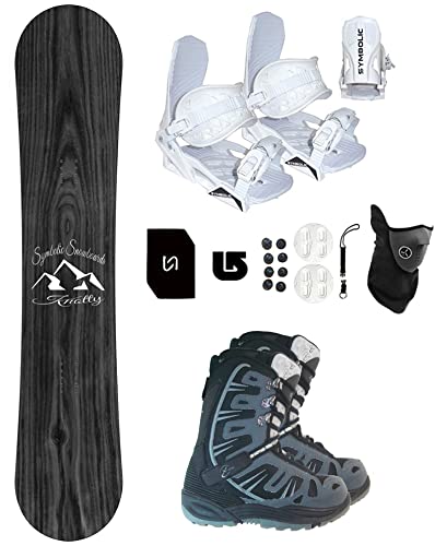 Symbolic Knotty Snowboard & Bindings & Boots +Leash+Stomp+Mask+Burton Decal Package (155cm Hybrid Rocker, 8 Mens Black Boots & Black Bindings)