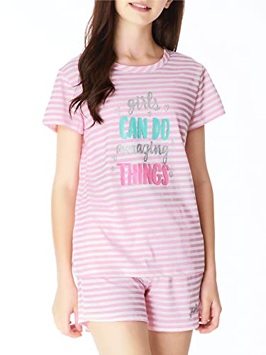 Image of Cozchique Summer Pajamas for Girls - Stripe & Glittering Heart PJS Pal Cute Jammies Set Big KidsSize 6-16