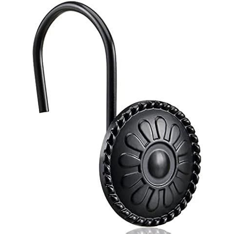 Black Shower Curtain Hooks, CHICTIE Decorative Shower Curtain Rings for Bathroom Shower Curtains Rods, Set of 12 Rust-Resistant Metal Shower Hooks Hangers Antique Flower Design Cover