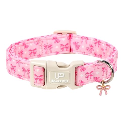 Image of Cute Pink Bow Dog Collar, Girly Cotton Adjustable Puppy Collar with Charm & Durable Quick Release Buckle,Spring Summer Collars for Small Medium Large Dogs