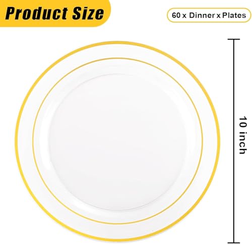 I00000 60PCS Clear Gold Plastic Plates, Clear Plates With Gold Rim 10 Inch,Fancy Disposable Wedding Plate Heavy Duty Plastic Plate for Birthday, Wedding & Party