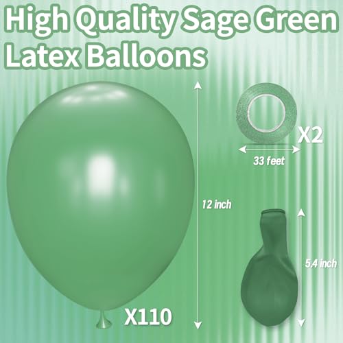 Image of Sage Green Balloon 12 Inch, 110pcs Latex Party Balloons Helium Bright Color for Birthday Baby Shower Wedding Party Supplies Arch Garland Decoration