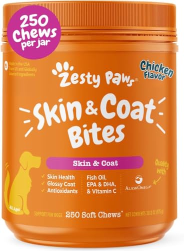 Zesty Paws Omega 3 Fish Oil for Dogs - Zesty Paw Dog Vitamins and Supplements for Hip Joint & Skin Chicken (250 Chews)