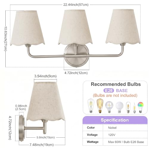 Image of Bathroom Light Fixtures 22 inch 3-Light Vanity Light Brushed Nickel | Farmhouse Bathroom Lights, Beige Wavy Fabric Shade, Dimmable Vanity Lighting Fixtures for Mirror Bedroom Living Room Hallway