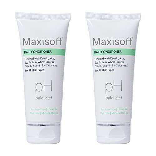 Image of Maxisoft Hair Conditioner | Keratin, Aloe & Protein Rich | Repairs Dry, Frizzy & Damaged Hair | Smooth, Soft & Nourished Finish | pH Balanced, Paraben Free | For Men & Women | (100 ml Pack of 2)