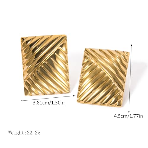 Dainty Chunky Textured Rectangle18K Gold Plated Statement Big Stud Earrings for Women Vintage Trendy Stainless Steel Hypoallergenic Geometric Stripe Unique Design Studs Fashion Jewelry Gift2