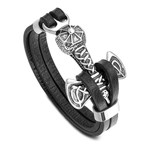 PiercingJ Mens Viking Thor's Hammer Mjolnir Bracelet Stainless Steel Celtic Knot Hammer Black Genuine Leather Bracelet Viking Wristband for Men Cover