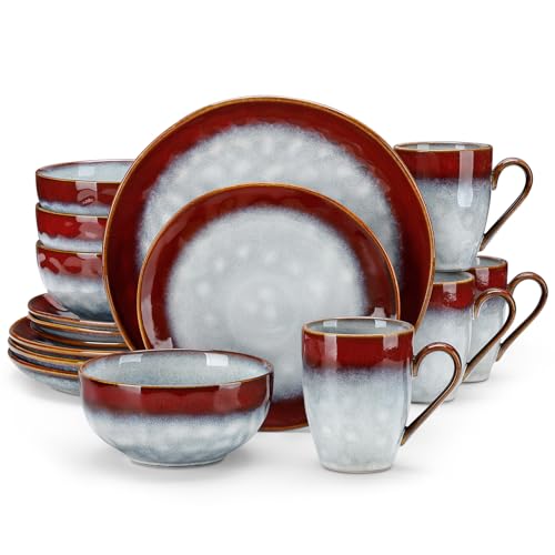 Image of vancasso Starry 16 Pieces Dinnerware Set for 4, Handmade Reactive Glaze Stoneware Plates and Bowls Set, Dishes Set with Mugs for 4, Microwave & Dishwasher Safe, Red