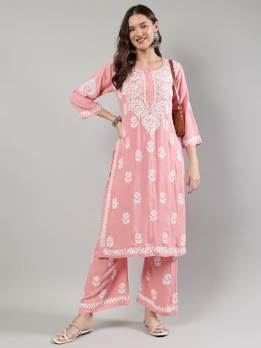 Image of Seva Chikan Hand Embroidered Lucknowi Chikankari Rayon Kurta and Palazzo Set SCL8037