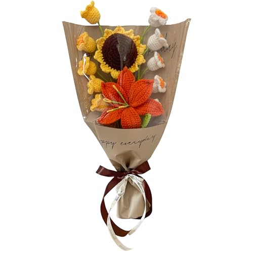 Ramo de Flores de Ganchillo Artesanal, Girasol y Lirio Naranja con Flores Blancas, Decoración para Hogar, Regalo para Cumpleaños y Aniversario